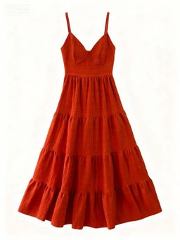 Outzidr - Orange Shoulder Strap Back Bow Tiered Maxi Dress
