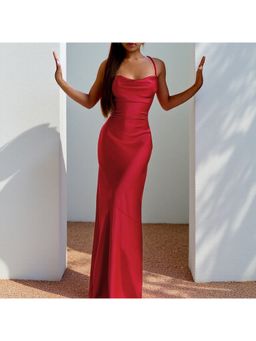 Outzidr - Red Halter Neck Evening Fit and Flare Maxi Dress