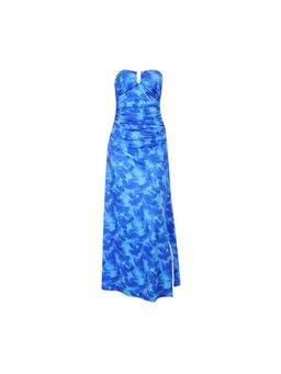 Outzidr - Blue Printed With Side Slit Tube Maxi Dress