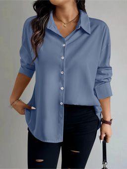 Outzidr - Blue Full Sleeve Back Pleated Shirt