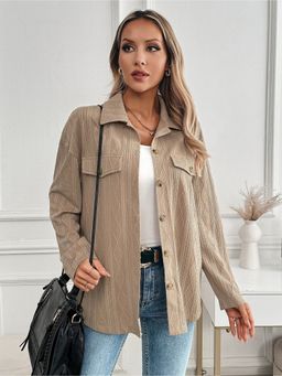 Outzidr - Brown Full Sleeve Notched Lapel Front Buttoned Shirt