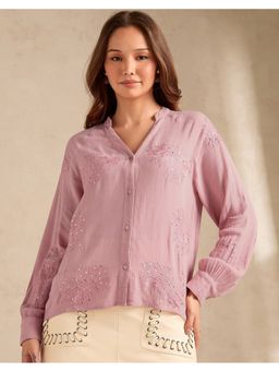 Outzidr - Mauve V-Neck Embroidered Long Sleeve Shirt