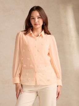 Outzidr - Peach Applique Flower Embellishment Shirt