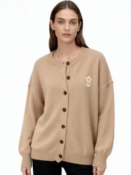 Outzidr - Women Beige Polyester Solid Cardigan