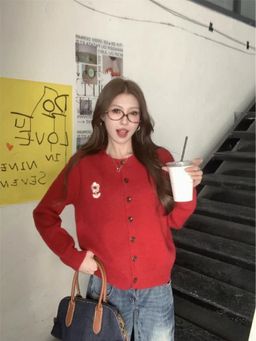 Outzidr - Women Red Polyester Solid Cardigan