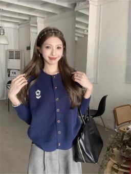 Outzidr - Women Navy Blue Polyester Solid Cardigan