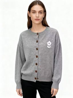 Outzidr - Women Grey Polyester Solid Cardigan