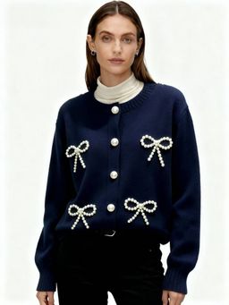 Outzidr - Women Navy Blue Polyester Embellished Cardigan