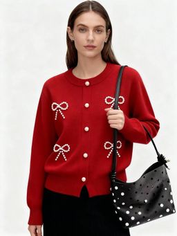 Outzidr - Women Red Polyester Embellished Cardigan