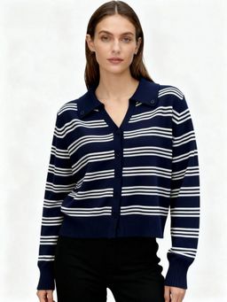 Outzidr - Women Black Polyester Stripes Cardigan