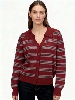 Outzidr - Women Maroon Polyester Stripes Cardigan