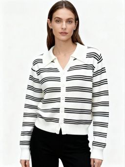 Outzidr - Women White Polyester Stripes Cardigan