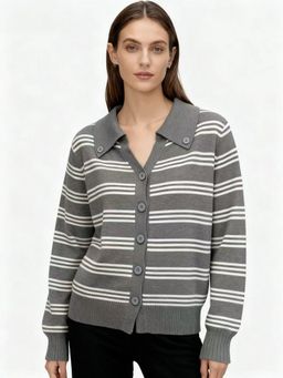 Outzidr - Women Grey Polyester Stripes Cardigan