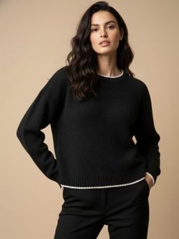 Outzidr - Women Black Acrylic Solid Sweater