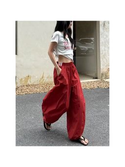 Outzidr - Red High Waist Belted Barrel Pant