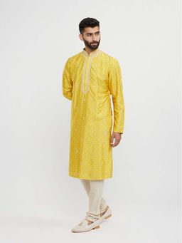 Twamev - Yellow Art Silk Mirror Work and Thread Embroidery Kurta with Churidar (Set of 2)