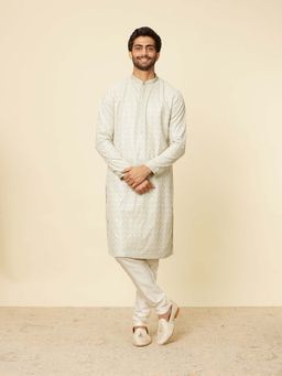 Twamev - Off White Art Silk Embroidery and Sequin Work Kurta and Pyjama (Set of 2)