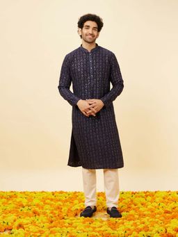 Twamev - Navy Blue Art Silk Embroidered Kurta and Churidar (Set of 2)