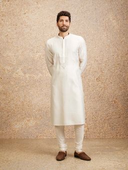 Twamev - White Blended Viscose Hand Embroidery and Zardozi Work Kurta with Churidar (Set of 2)