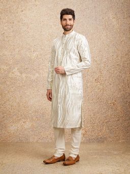Twamev - Cream Art Silk Embroidery and Zari Kurta with Churidar (Set of 2)