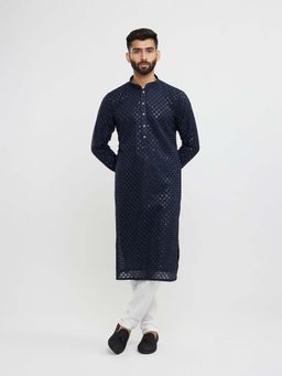 Twamev - Navy Blue Georgette Thread Embroidery Kurta and Churidar (Set of 2)