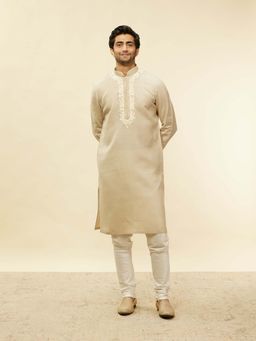 Twamev - Beige Linen Embroidered Kurta and Churidar (Set of 2)