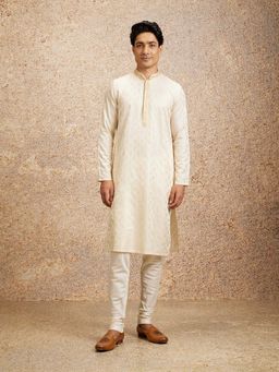 Twamev - Cream Art Silk Hand Embroidery Kurta and Churidar (Set of 2)