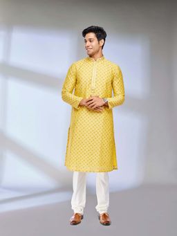 Twamev - Yellow Blended Cotton Embroidery Weave Kurta and Churidar (Set of 2)