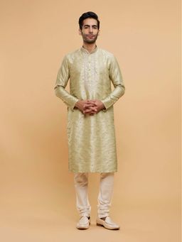 Twamev - Green Brocade Zari and Thread Embroidery Kurta and Churidar (Set of 2)