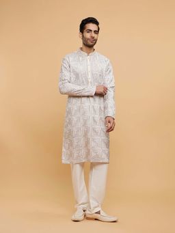 Twamev - Cream Blended Viscose Thread Embroidery Kurta and Churidar (Set of 2)