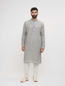 Twamev - Grey Georgette Thread Embroidery Kurta and Churidar (Set of 2)