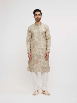 Twamev - Beige Art Silk Printed and Thread Embroidery Kurta and Churidar (Set of 2)