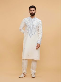 Twamev - Blue and White Blended Viscose Thread Embroidery Kurta with Churidar (Set of 2)