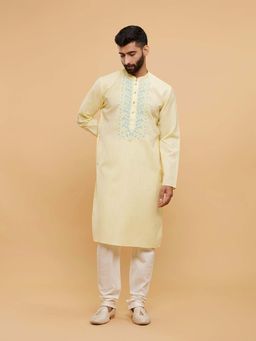 Twamev - Yellow Blended Cotton Embellished Kurta and Churidar (Set of 2)