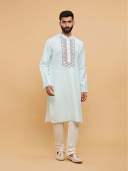 Twamev - Blue Blended Cotton Embellished Kurta and Churidar (Set of 2)
