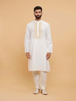 Twamev - Cream Blended Cotton Embellished Kurta and Churidar (Set of 2)