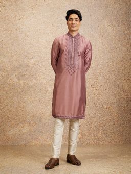 Twamev - Pink Art Silk Embroidery and Mirror Work Kurta and Pyjama (Set of 2)