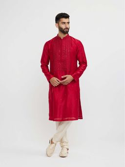 Twamev - Red Art Silk Thread Embroidery Kurta and Pyjama (Set of 2)