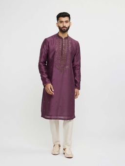 Twamev - Purple Art Silk Thread Embroidery Kurta and Pyjama (Set of 2)