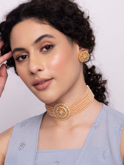 Indya - Gold Orange Beaded Earring Choker Set (Set of 2)