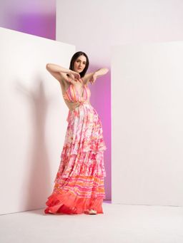 MANDIRA WIRK - Pink Fancy Fusion Full Length Dress with Stylized Chain At Waist and Tie Up Back