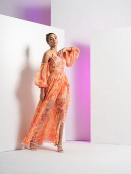 MANDIRA WIRK - Red Pancy Daisy Long Halter Neck Dress