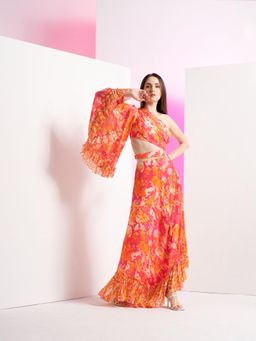 MANDIRA WIRK - Pink Twisted Femme Asymmetric Full Length Dress with Stylized Ring At Waist