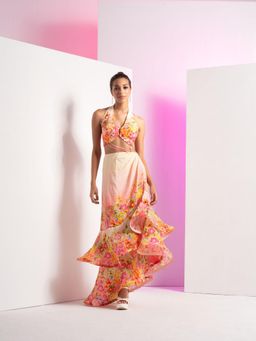 MANDIRA WIRK - Ivory Dainty Floret Asymmetric Dress with Back Tie Up