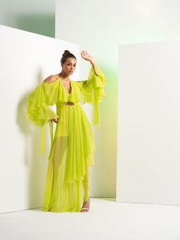 MANDIRA WIRK - Lime Green Asymmetric Dress with Cascade Sleeve