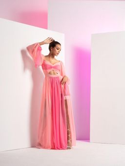 MANDIRA WIRK - Fondant Pink Long Dress with Sleeve Tie-Up and Front Slit In Skirt