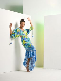 MANDIRA WIRK - Matched Floral Camo Asymmetric Dress with Kimono Sleeve