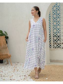 KHAMNA - White Grid Bloom Midi Dress