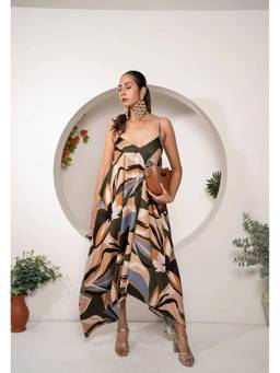 KHAMNA - Multi Colour Tropical Mirage Handkerchief Hem Slip Dress