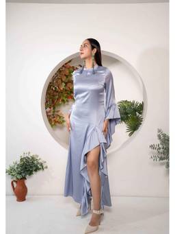 KHAMNA - Blue Azure Muse Stretch Satin Ruffle Gown Dress